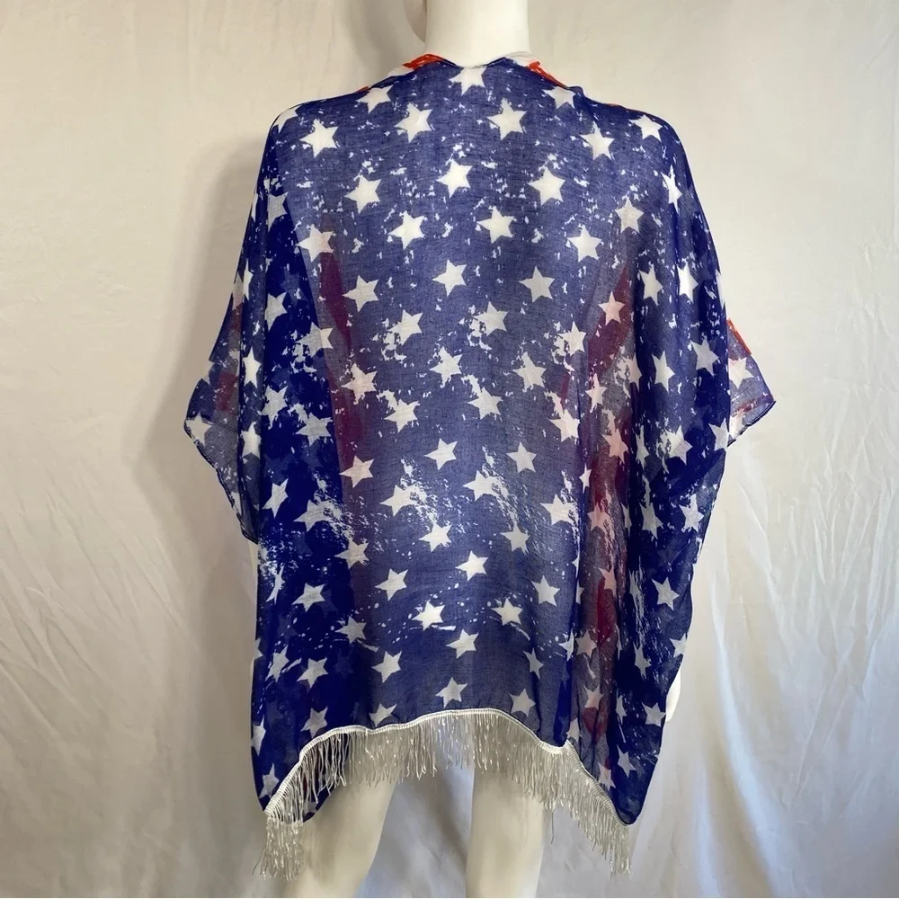GMA Accessories Patriotic American Flag Sheer Open Front Fringed Swim Cover